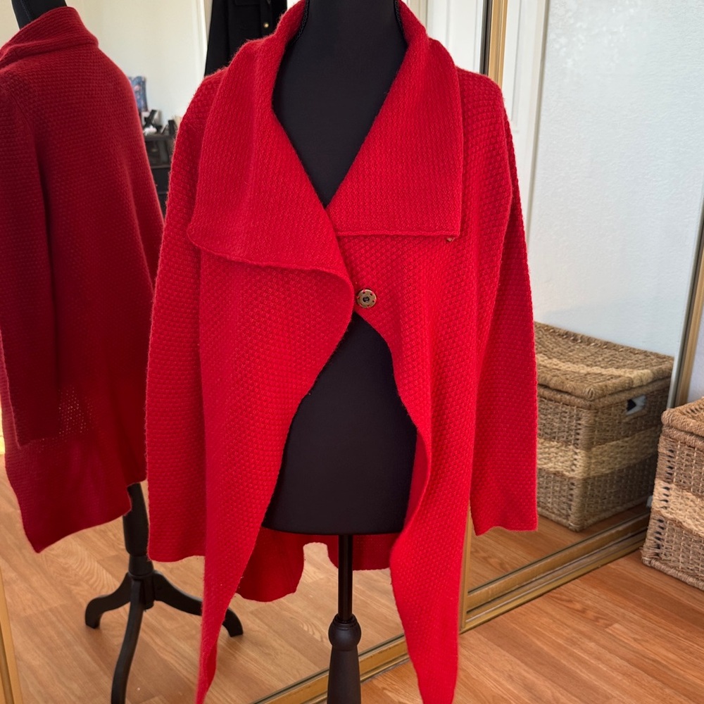 Open-Front Red Knit Cardigan with Button Detail